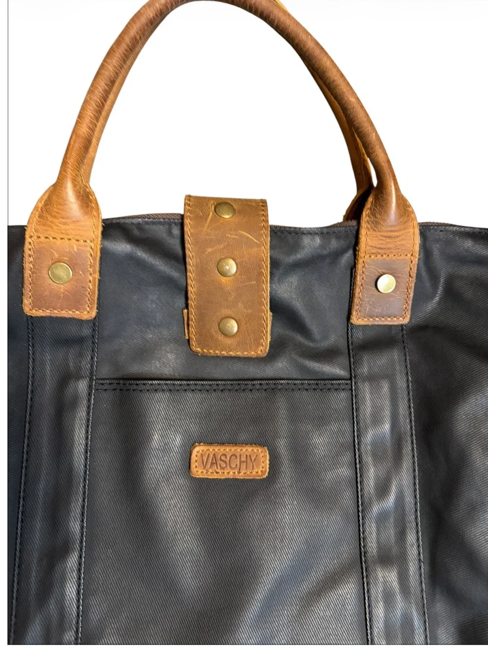 VASCHY Waxed Canvas Leather High Capacity Laptop Crossbody Bag Black Brown Tote